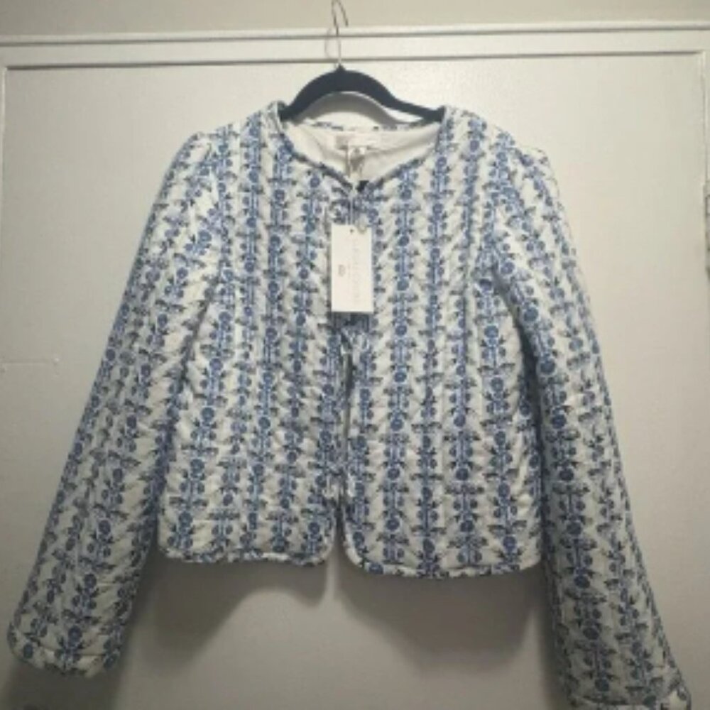 Caroline Constas Blue White Linen Blend Floral Bandana Quilted Boho Jacket Sz M